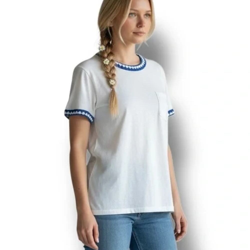 NWT Joseph A. White & Blue Crochet Trim Linen Blend Top Casual Simple Size S